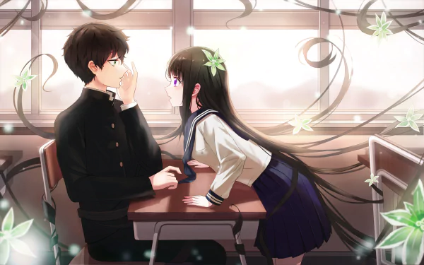 Eru Chitanda and Hōtarō Oreki from the anime Hyouka share an intimate moment in a sunlit classroom, captured in a vibrant 4K Ultra HD desktop wallpaper.