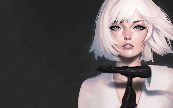 HD anime-style desktop wallpaper featuring a woman with striking white hair and expressive eyes against a dark background.