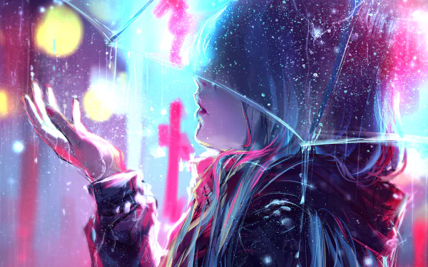 A vibrant anime wallpaper featuring a character holding an umbrella in the rain, surrounded by beautiful neon lights. The HD desktop background evokes a dreamy, atmospheric feel.