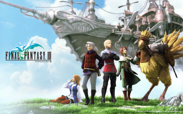 HD PC desktop wallpaper of the video game Final Fantasy III: five heroes and a chocobo on a grassy cliff with an airship overhead and the Final Fantasy III logo.