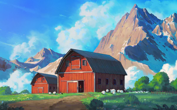 Anime-style HD desktop wallpaper depicting a serene countryside with red barns, sheep grazing, and towering mountains under a bright blue sky with fluffy clouds.