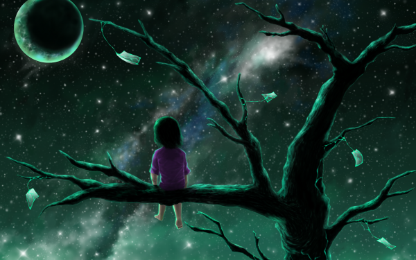 Fantasy Child Little Girl Branch Night Full Moon HD Wallpaper | Background Image