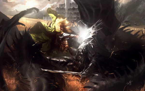 4K Ultra HD fantasy wallpaper depicting a dramatic battle between Éowyn and the Witch-king of Angmar from The Lord of the Rings.