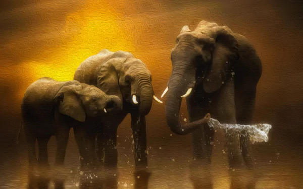 4K Ultra HD PC desktop wallpaper depicting three African bush elephants wading and splashing in golden, backlit water at sunset.
