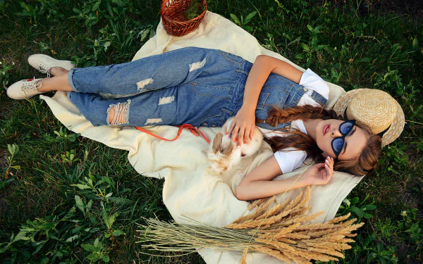 Alina Stanislavskaya sunglasses brunette braid lying down rabbit woman model HD Desktop Wallpaper | Background Image