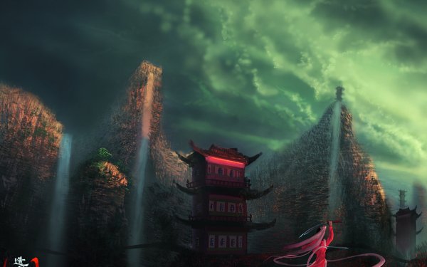 Anime Original Waterfall Building HD Wallpaper | Background Image