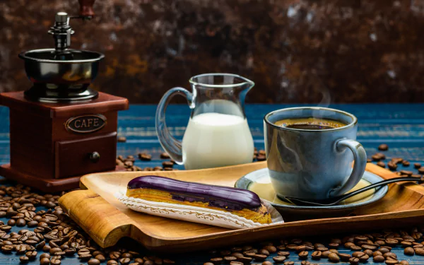 still life éclair coffee beans drink cup food coffee HD Desktop Wallpaper | Background Image