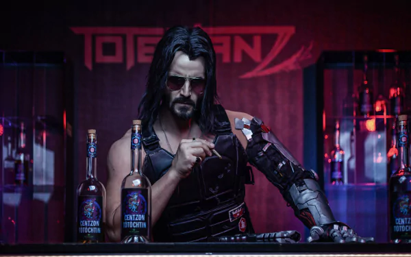 HD desktop wallpaper of Keanu Reeves as a character in Cyberpunk 2077, featuring his intense, cybernetic look against a futuristic bar background with bottles labeled Totentanz.