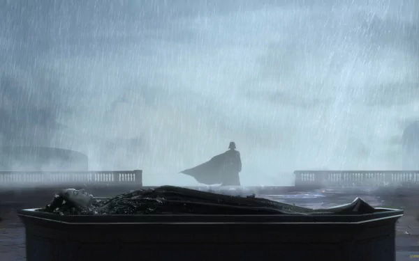 HD Star Wars desktop wallpaper featuring Darth Vader and Padmé Amidala in a rainy, atmospheric sci-fi scene.