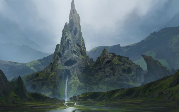 Fantasy Landscape Vegetation Waterfall Mountain HD Wallpaper | Background Image