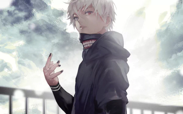 HD anime wallpaper featuring Ken Kaneki from Tokyo Ghoul √A and Tokyo Ghoul:re with white hair and heterochromia against a cloudy sky background.