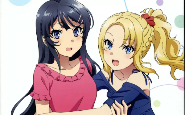 HD PC desktop wallpaper of Nodoka Toyohama and Mai Sakurajima from Rascal Does Not Dream of Bunny Girl Senpai: dark-haired girl in pink and blonde in blue embracing against soft polka-dot background.