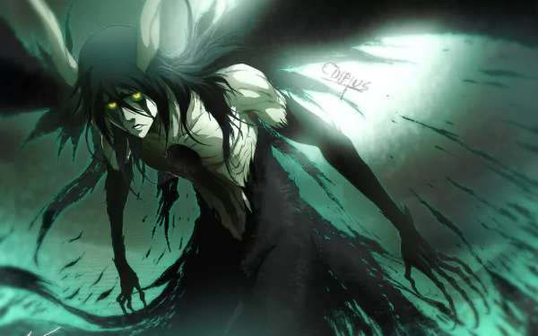 HD PC desktop wallpaper featuring Ulquiorra Cifer from the anime Bleach, depicted with dark wings and an intense, ethereal glow.