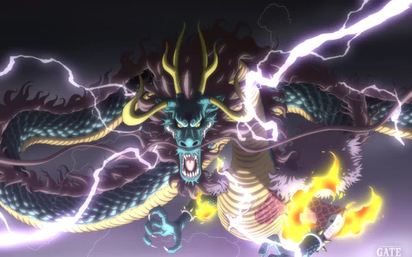 HD desktop wallpaper featuring Kaido from One Piece in a fierce, electrifying dragon form with lightning and flames, showcasing the powerful character in vibrant anime style.