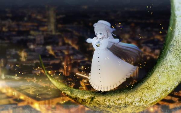 Merry Milk virtual YouTuber in a flowing white dress and beret stands on a mossy crescent moon above a glowing city — anime HD PC desktop wallpaper/background