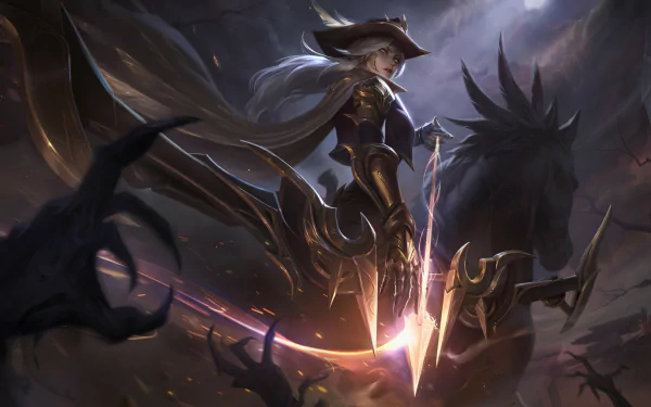 HD PC desktop wallpaper featuring Ashe from the video game League of Legends, depicted in dark, dramatic armor with a glowing bow amid shadowy figures.