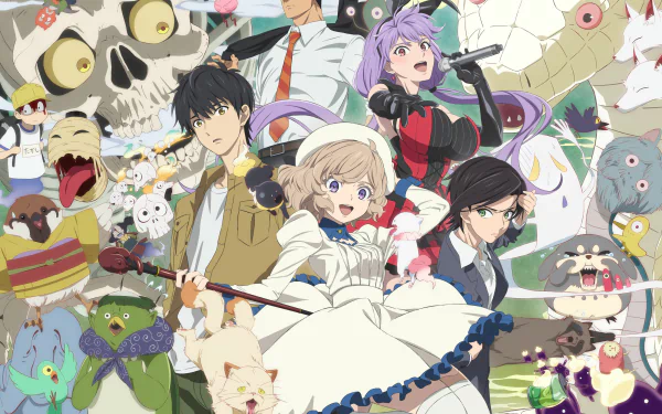 HD anime desktop wallpaper featuring Terada, Kurou Sakuragawa, Kojin Nanase, Saki Mihara, and Kotoko Iwanaga from Kyokou Suiri surrounded by various creatures.