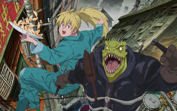 HD PC desktop wallpaper featuring Nikaido and Kaiman from the anime Dorohedoro in an urban, dystopian setting.