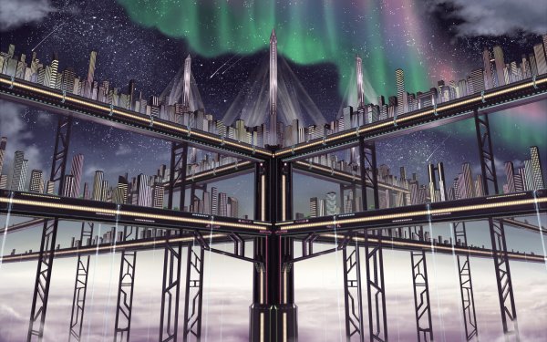 Anime Original Aurora Borealis Starry Sky Shooting Star City Bridge Futuristic HD Wallpaper | Background Image