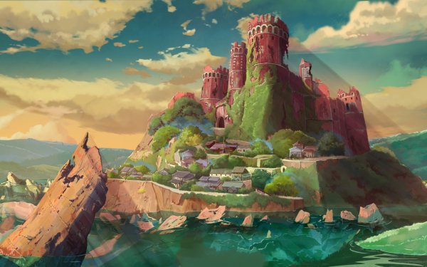Anime Original Castle Water HD Wallpaper | Background Image