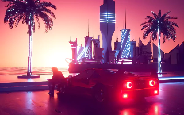 A vibrant sci-fi cityscape at sunset with neon-lit skyscrapers, palm trees, and a sleek futuristic car, rendered in stunning 4K Ultra HD for PC desktop wallpaper.