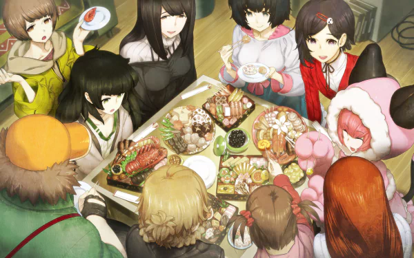 HD desktop wallpaper of Steins;Gate 0: Ruka Urushibara, Nae Tennouji, Mayuri and Kagari Shiina, Itaru Hashida, Suzuha Amane and Faris Nyannyan sharing a cozy meal around a table.