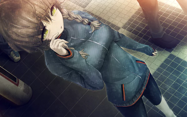 HD PC desktop wallpaper of Suzuha Amane (Steins;Gate): anime girl with braided hair and hoodie looking up on a tiled floor, warm sunlight and passing legs casting shadows.