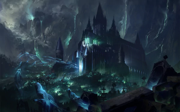 A dark, eerie castle looms over a shadowy cemetery with ghostly apparitions, captured in HD detail as a haunting PC desktop wallpaper.