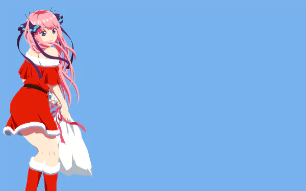 Nino Nakano from the anime The Quintessential Quintuplets in a festive red outfit, featured in a 4K Ultra HD PC desktop wallpaper with a blue background.