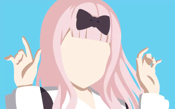 Minimalist 4K Ultra HD anime wallpaper featuring Chika Fujiwara from Kaguya-sama: Love is War with soft pink hair and a black bow against a solid blue background.
