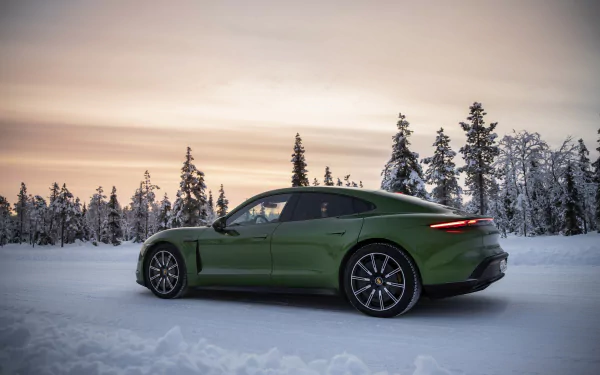 green car winter car Porsche snow vehicle Porsche Taycan 4S HD Desktop Wallpaper | Background Image