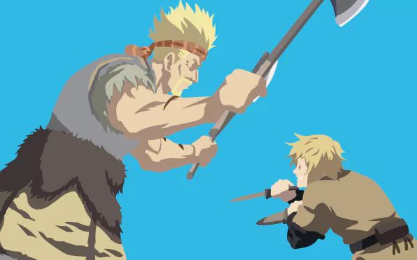 Illustration of Thorkell and another character from the anime Vinland Saga, designed as a 4K Ultra HD PC desktop wallpaper.