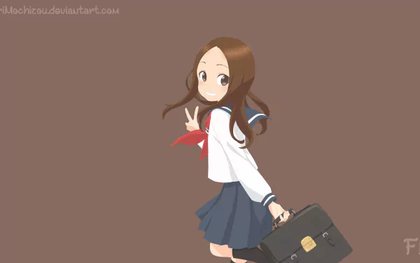 Anime wallpaper of Takagi from Teasing Master Takagi-san, depicted in 4K Ultra HD holding a school bag and smiling against a plain brown background.