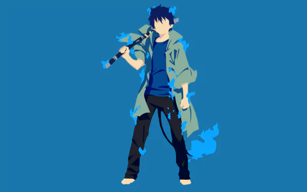 HD anime desktop wallpaper featuring Rin Okumura from Blue Exorcist, depicted with dynamic blue flames against a solid blue background.