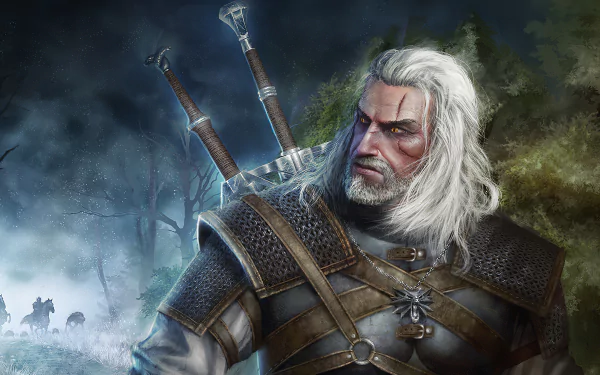 Geralt of Rivia from The Witcher 3: Wild Hunt stands in a misty forest, detailed in 4K Ultra HD, showcasing his armor, swords, and intense expression.