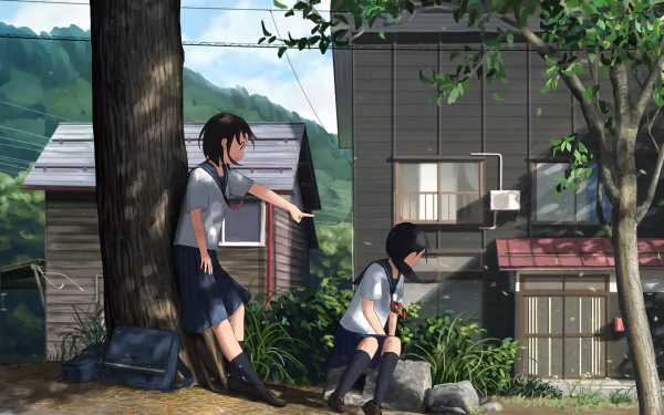 Anime-style HD desktop wallpaper featuring two girls in school uniforms outdoors near houses and greenery, capturing a calm, original scene with detailed backgrounds.