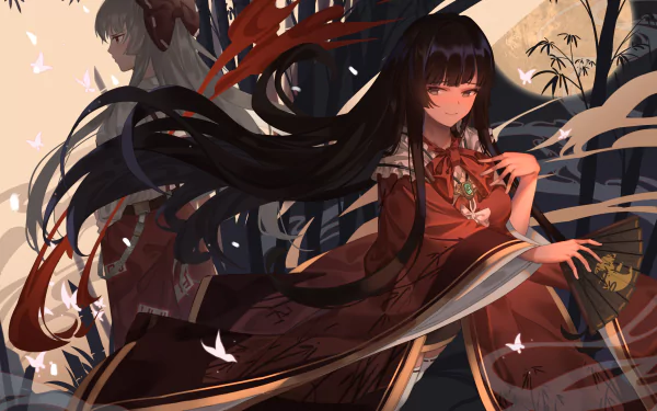 HD anime desktop wallpaper featuring Touhou characters Fujiwara no Mokou and Kaguya Houraisan in a dynamic, atmospheric scene with flowing hair and traditional attire.