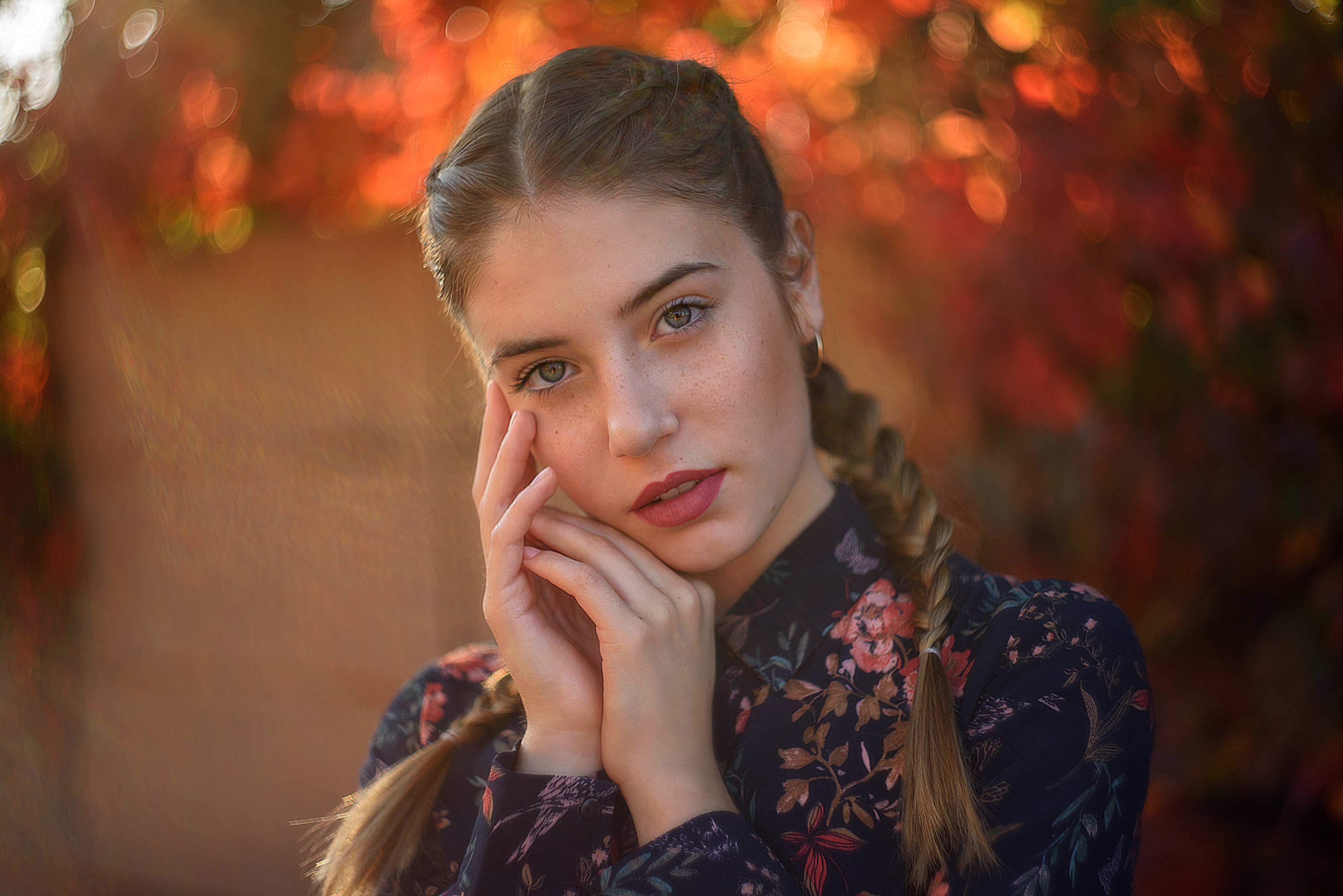 Download Depth Of Field Blue Eyes Braid Face Lipstick Woman Model 4k