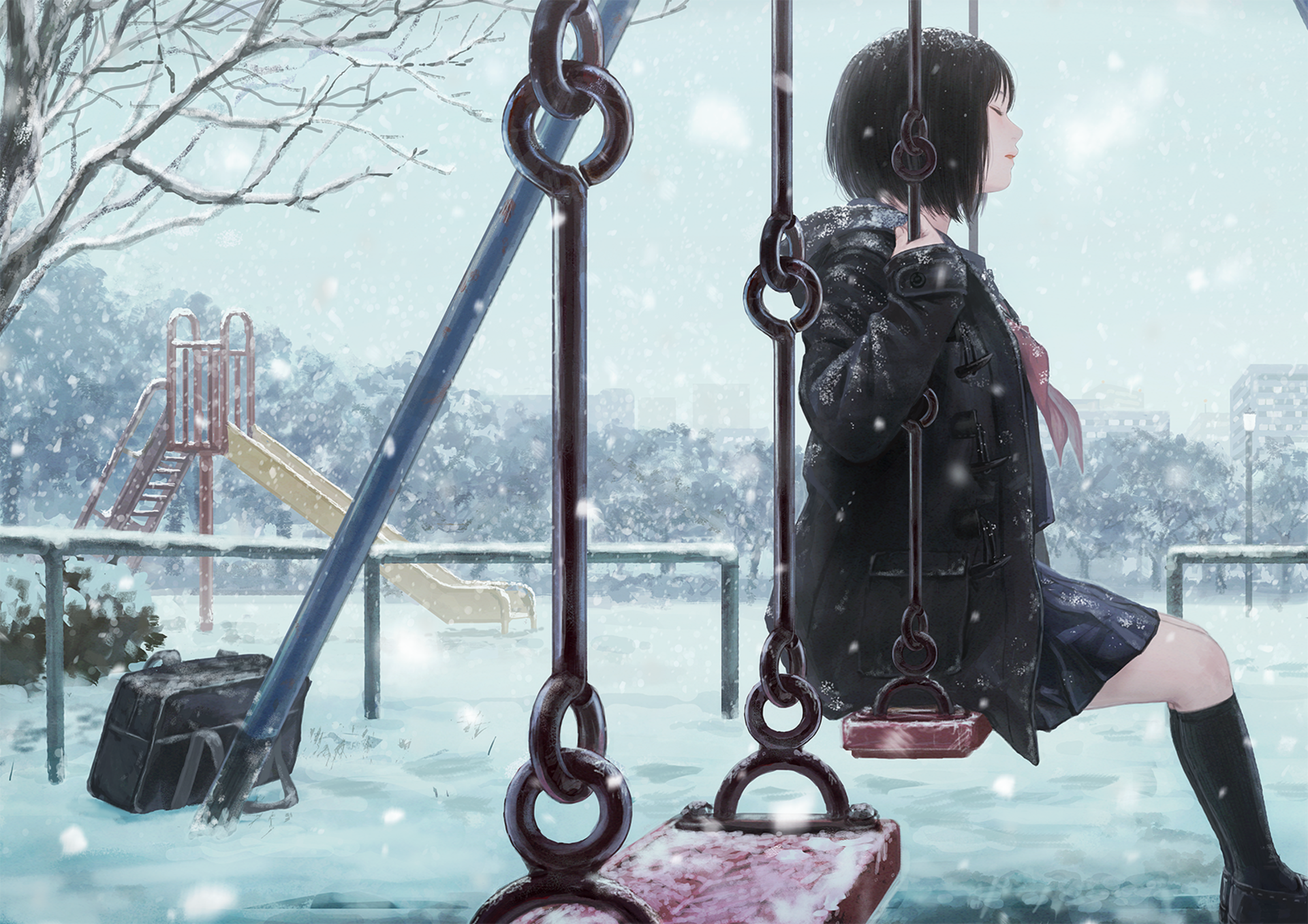 Anime girl on a swing on a calm winter day by romiy