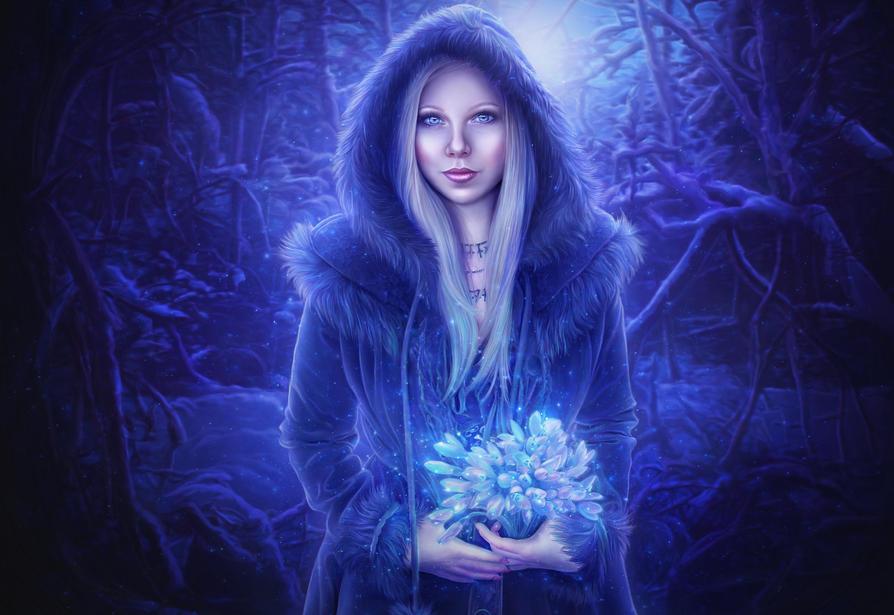 Woman in Winter Forest Holding Blue Flowers by IvannaDark