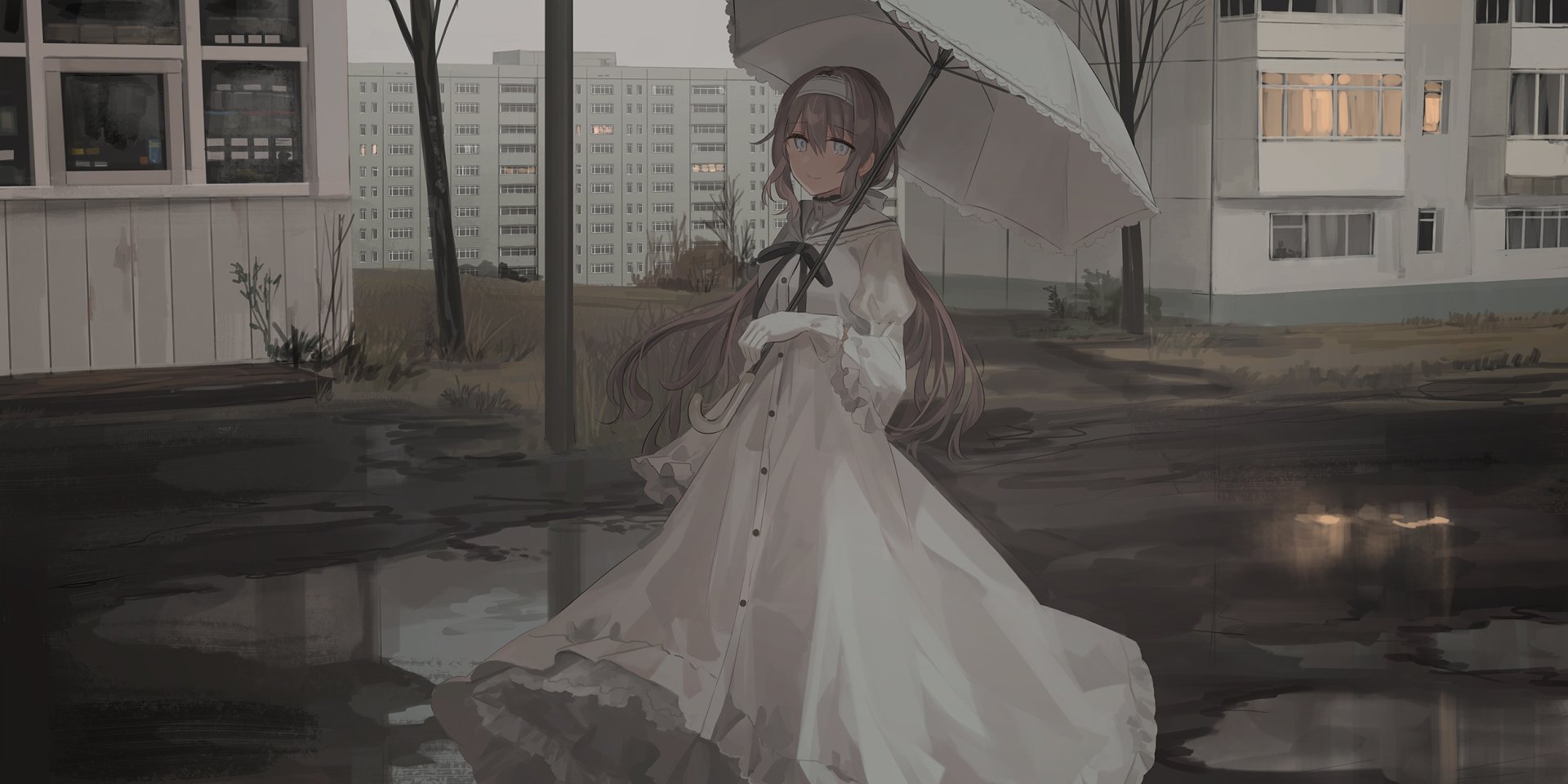 Anime-style original HD wallpaper of a girl in a white dress holding an umbrella, standing by a puddle in an urban setting.