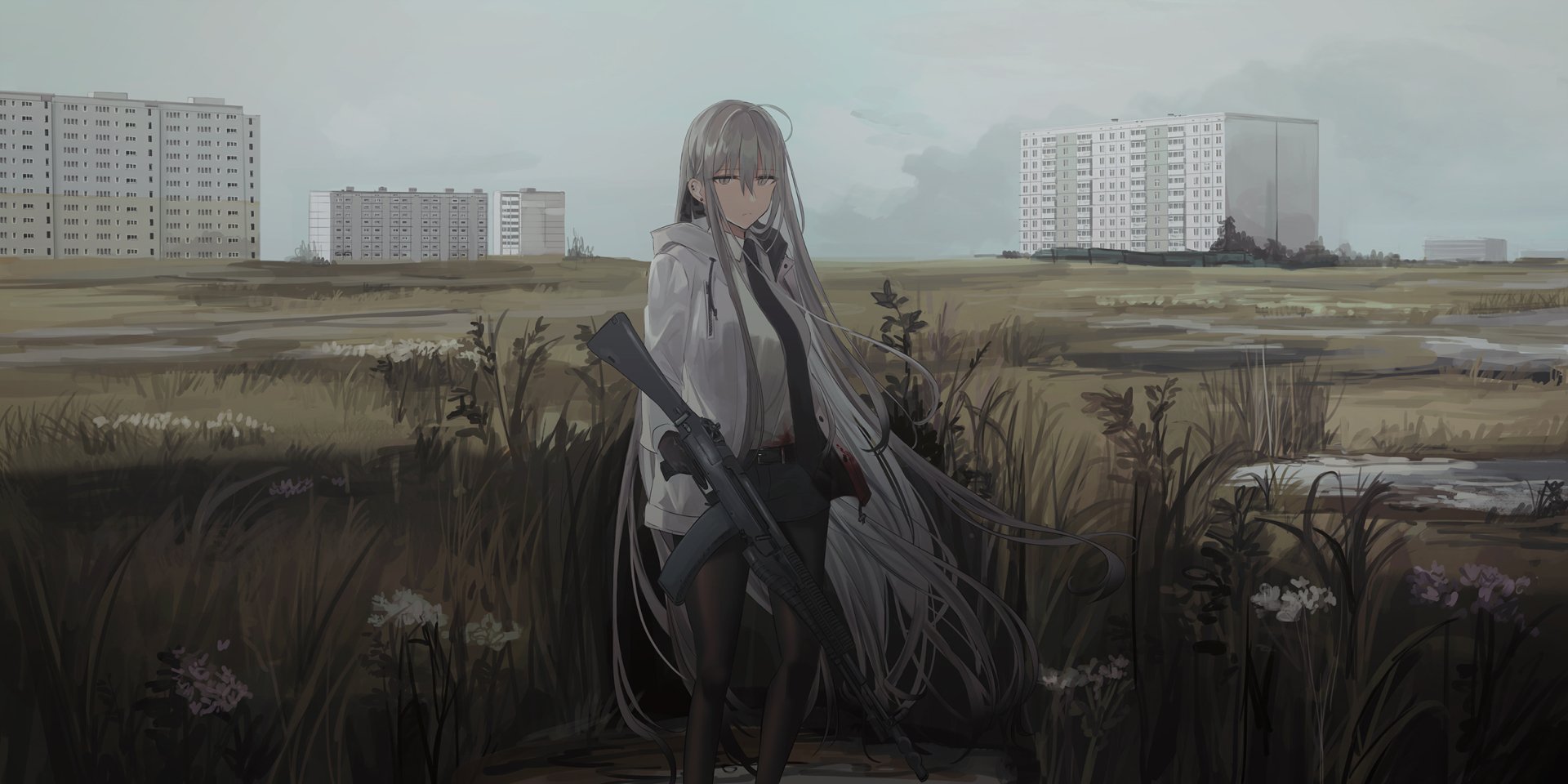 Anime-style character with white hair and grey eyes holding a gun. The scene is set in an open field with tall grasses, with several buildings in the background. HD desktop wallpaper.