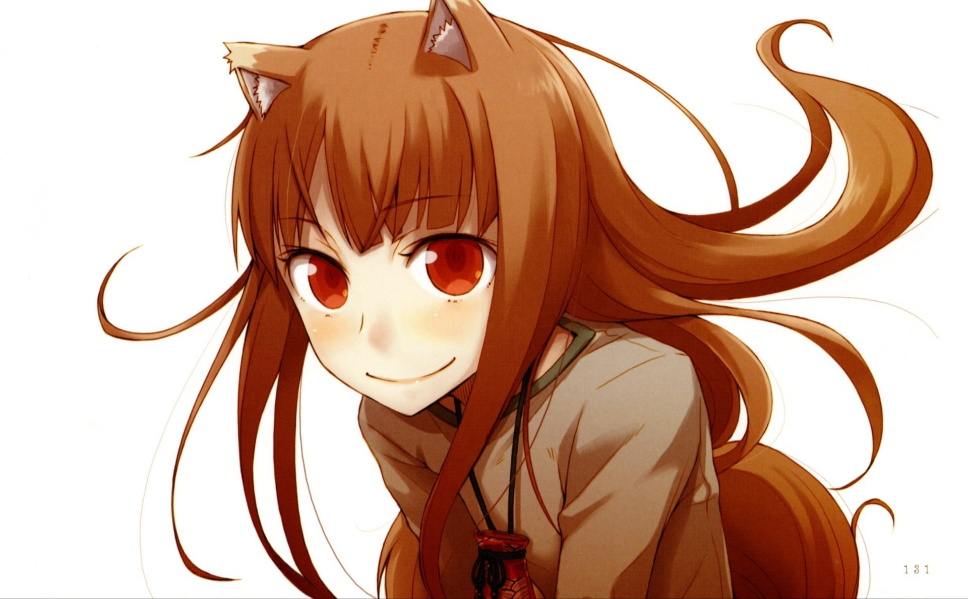 HD anime wallpaper featuring Holo from Spice & Wolf with flowing hair and fox ears against a clean white background.