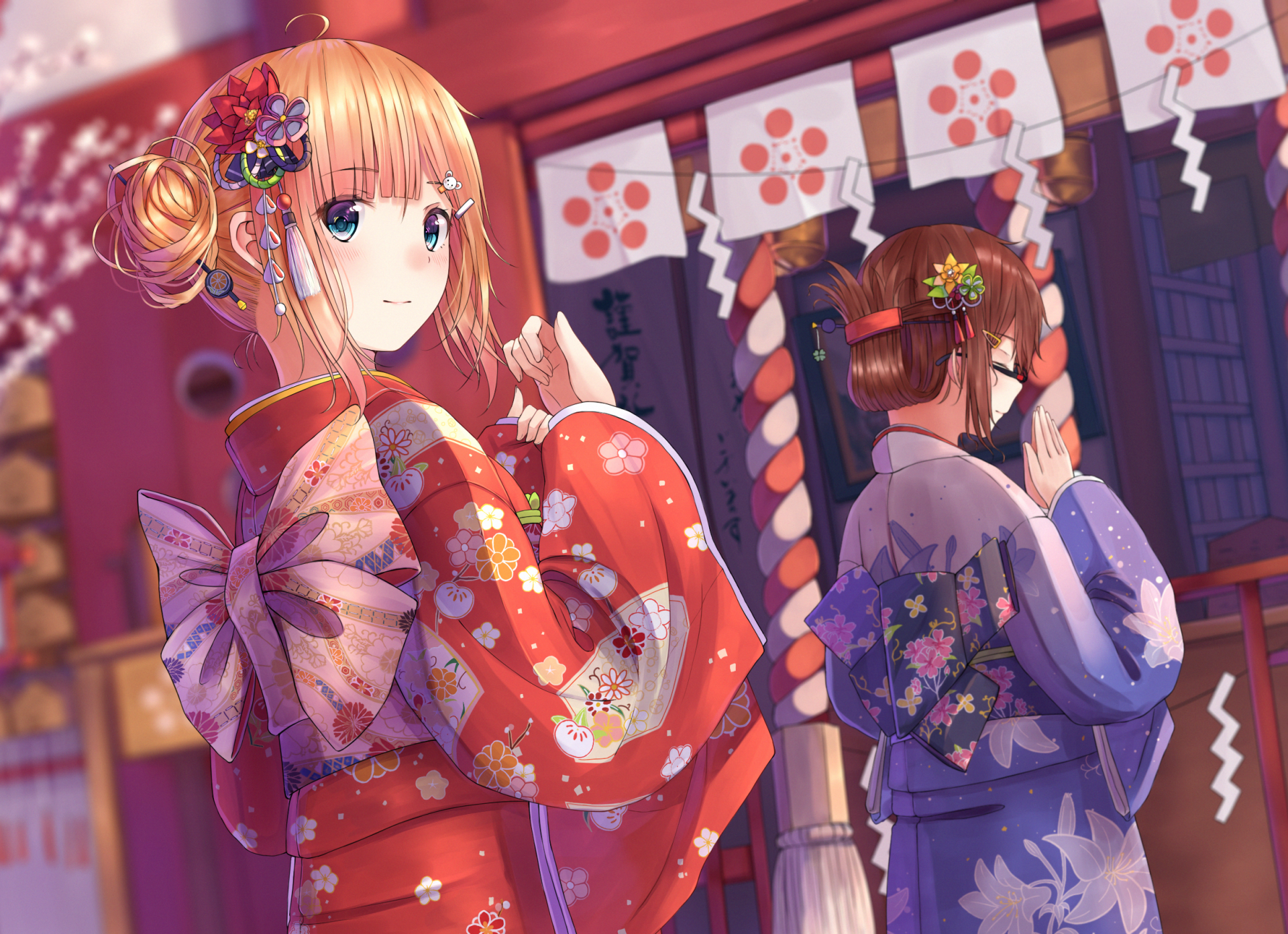 Download Yukata Brown Hair Blonde Anime Geisha HD Wallpaper by Enuni