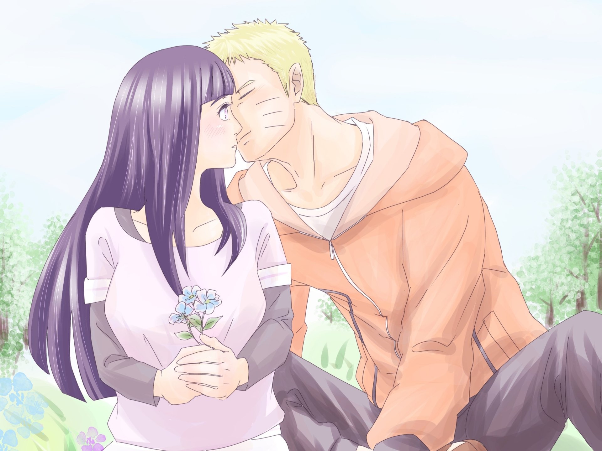 HD anime wallpaper featuring Naruto Uzumaki and Hinata Hyuga from Naruto sharing a tender moment, with Hinata holding flowers in a serene outdoor setting.