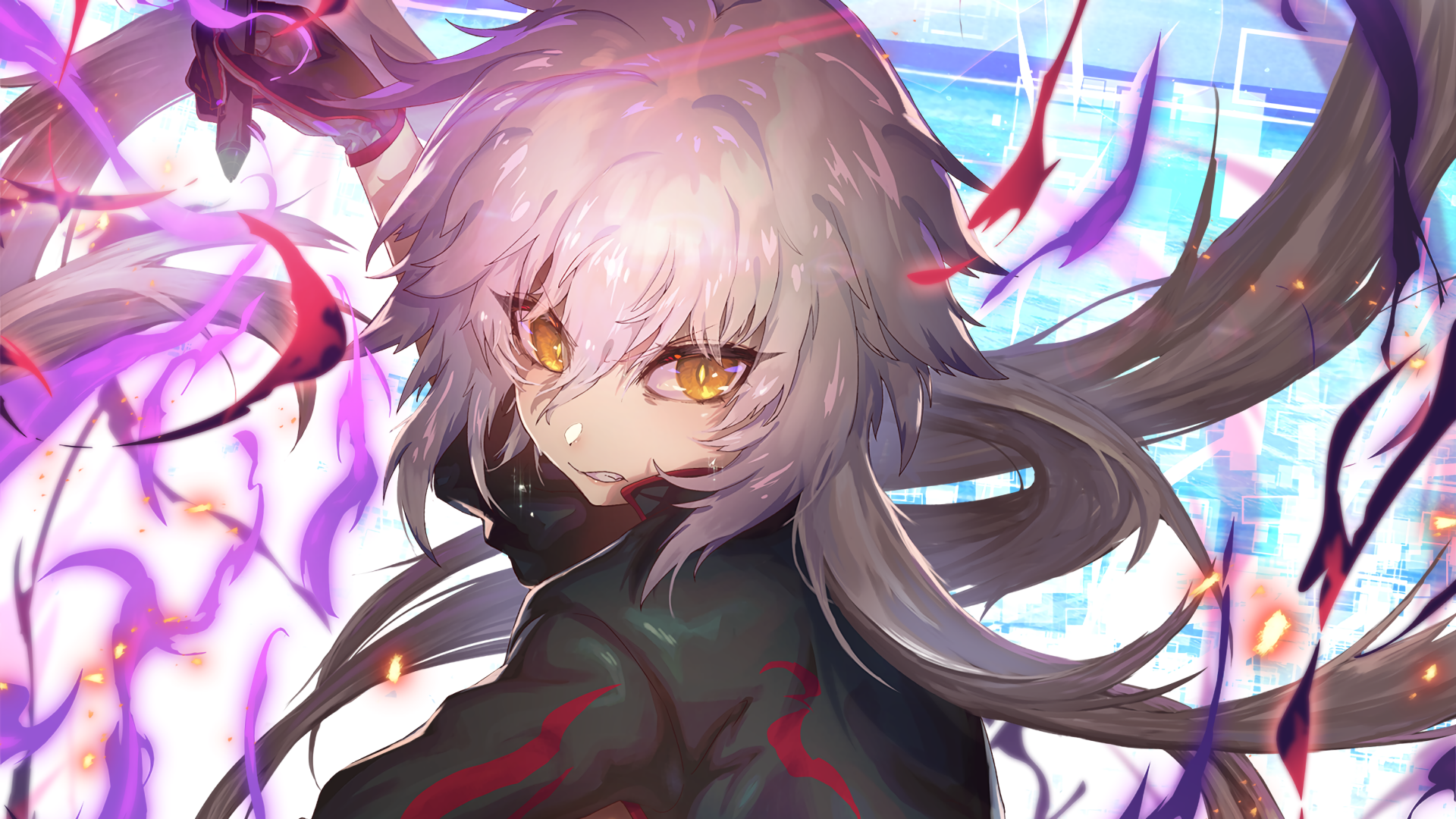 HD desktop wallpaper featuring Jeanne d'Arc Alter from Fate/Grand Order with striking yellow eyes and flowing white hair, surrounded by dynamic special effects in an anime art style.