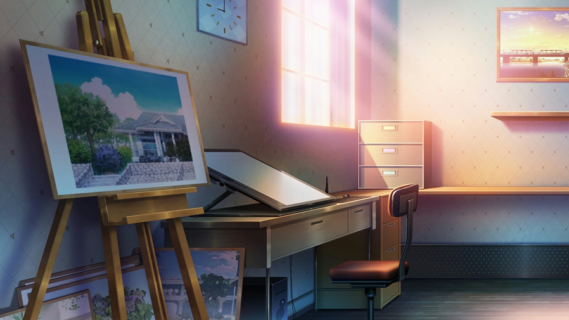 An anime-style room bathed in sunshine coming through a window, featuring a desk, chair, and easel displaying artwork. This HD desktop wallpaper captures a serene and artistic workspace.