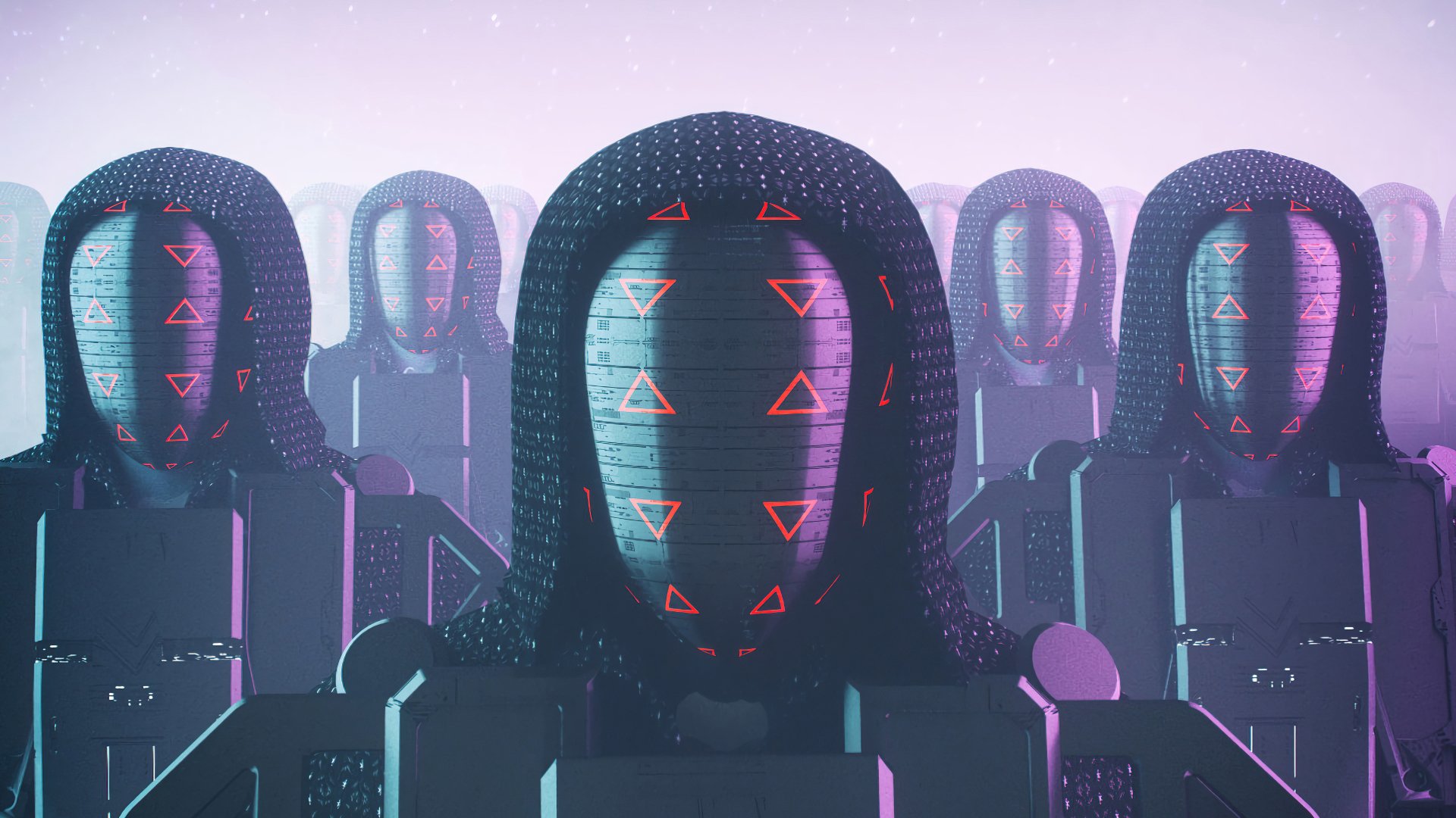 HD desktop wallpaper featuring a row of futuristic robot heads with glowing triangular patterns, set against a cool-toned sci-fi cityscape.