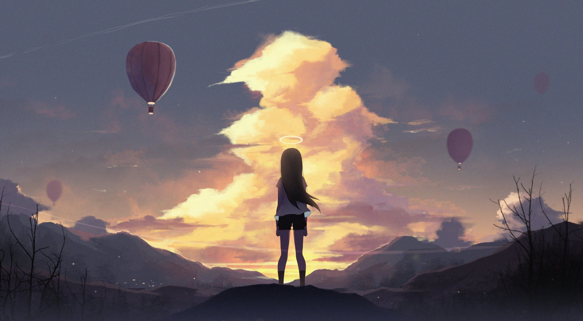 Anime girl looking up at hot air balloons in the sky 5k Retina Ultra HD