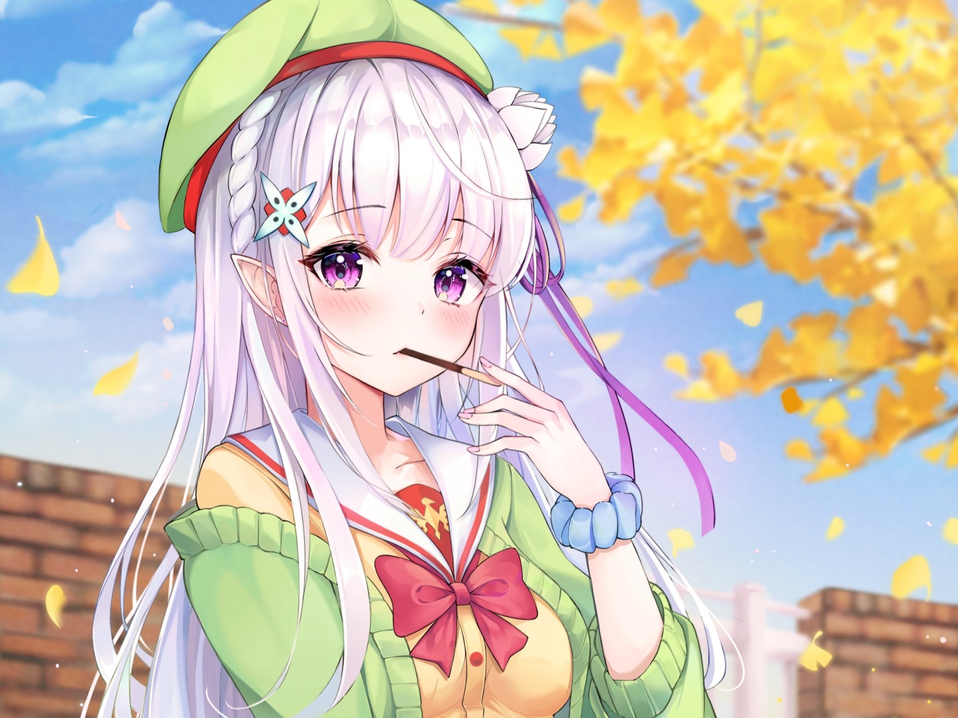 HD PC desktop wallpaper featuring Emilia from the anime Re:Zero - Starting Life in Another World, with vibrant autumn leaves and a clear blue sky background.